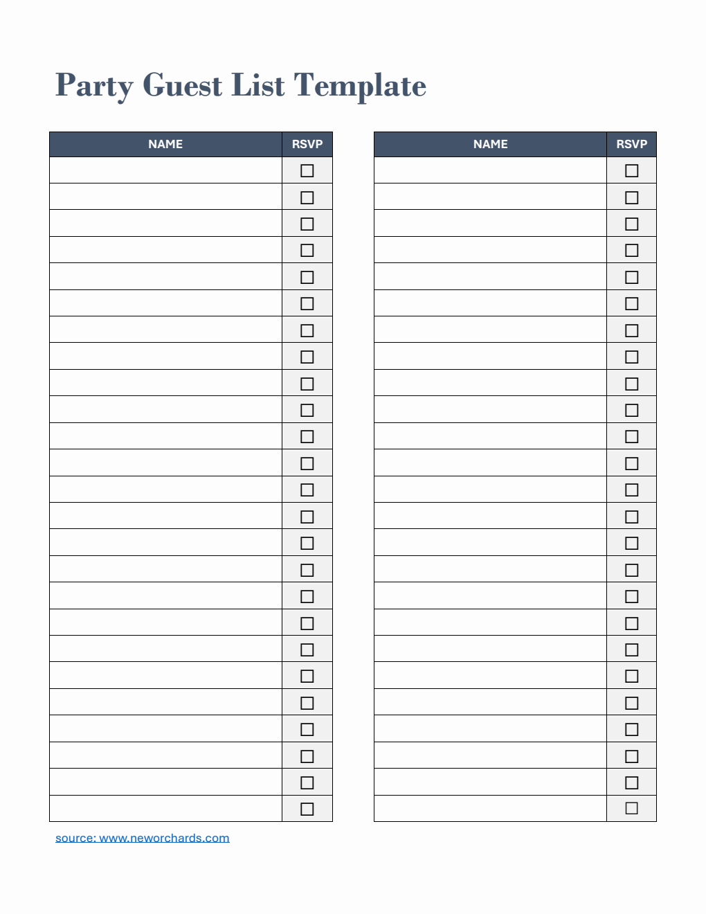Basic Party Guest List Template Word (Blue)