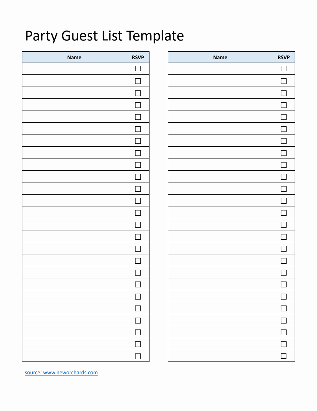Basic Party Guest List Template Word (Simple)