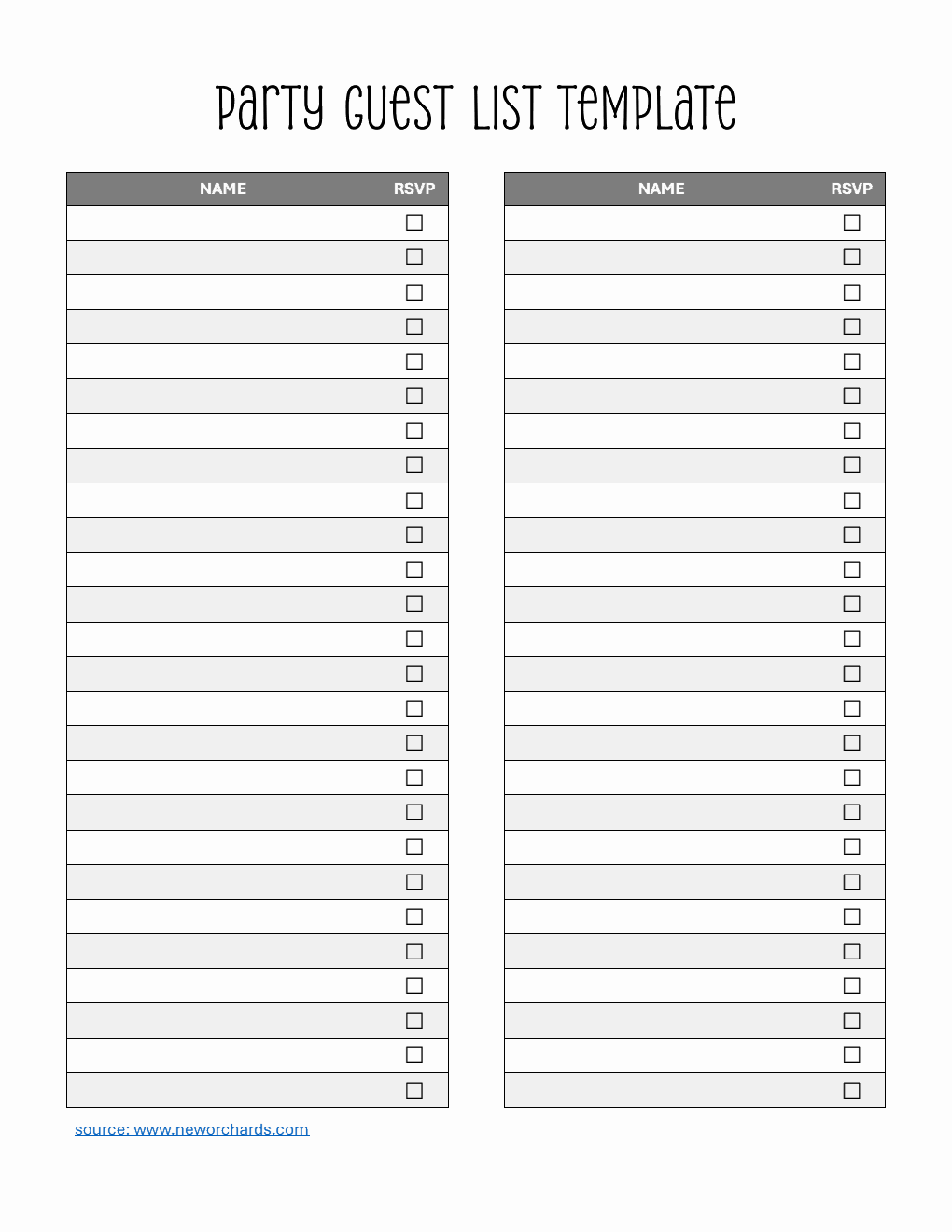 Basic Party Guest List Template Word (Striped)