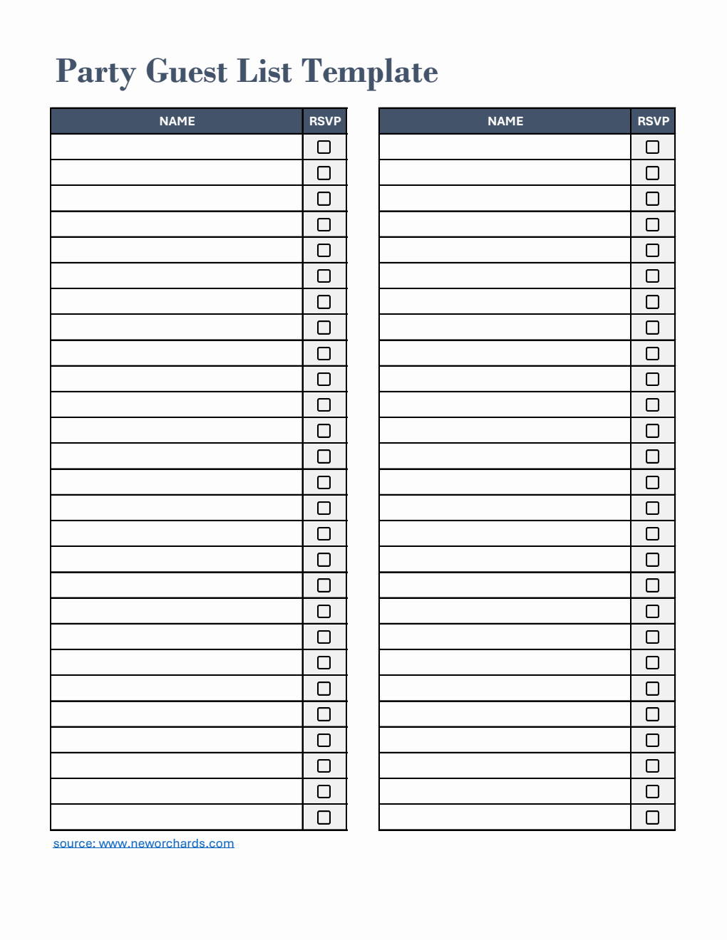 Basic Party Guest List Template Excel (Blue)