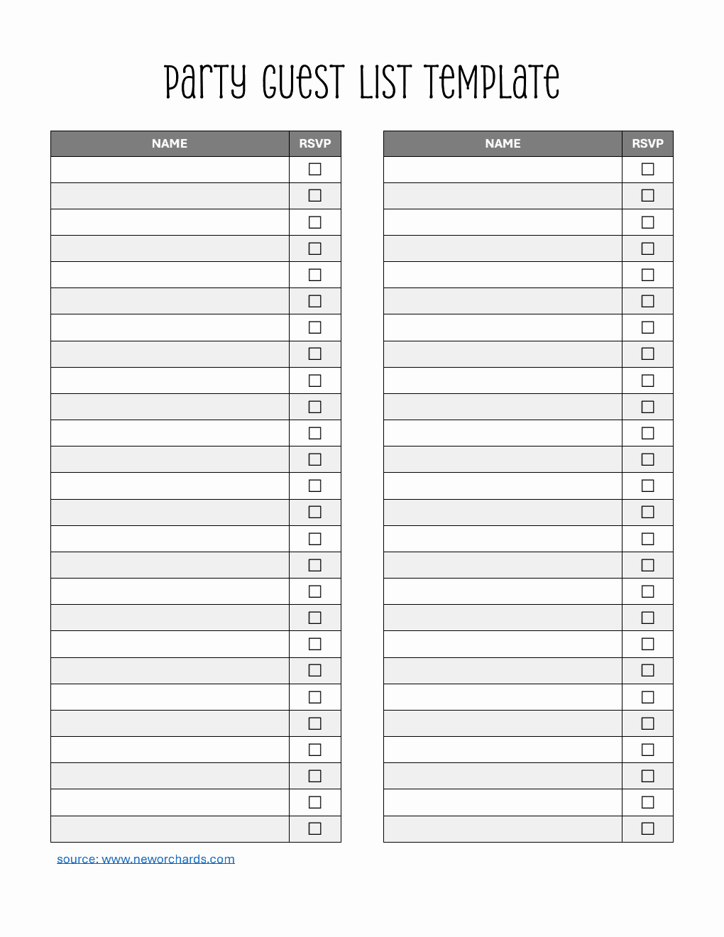 Basic Party Guest List Template PDF (Striped)