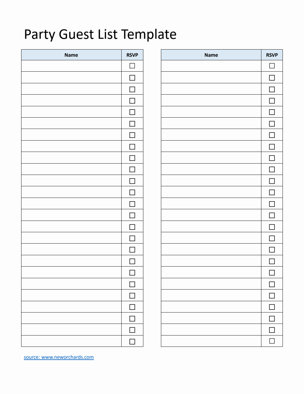 Basic Party Guest List Template PDF (Simple)