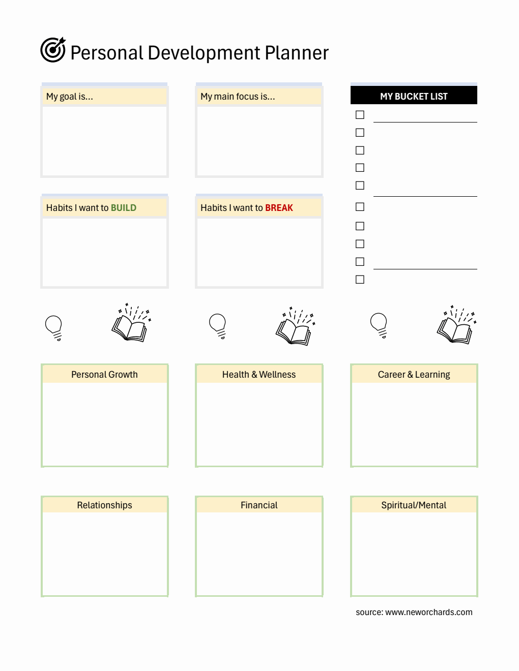 Printable Personal Development Planner with Bucket List (Word)