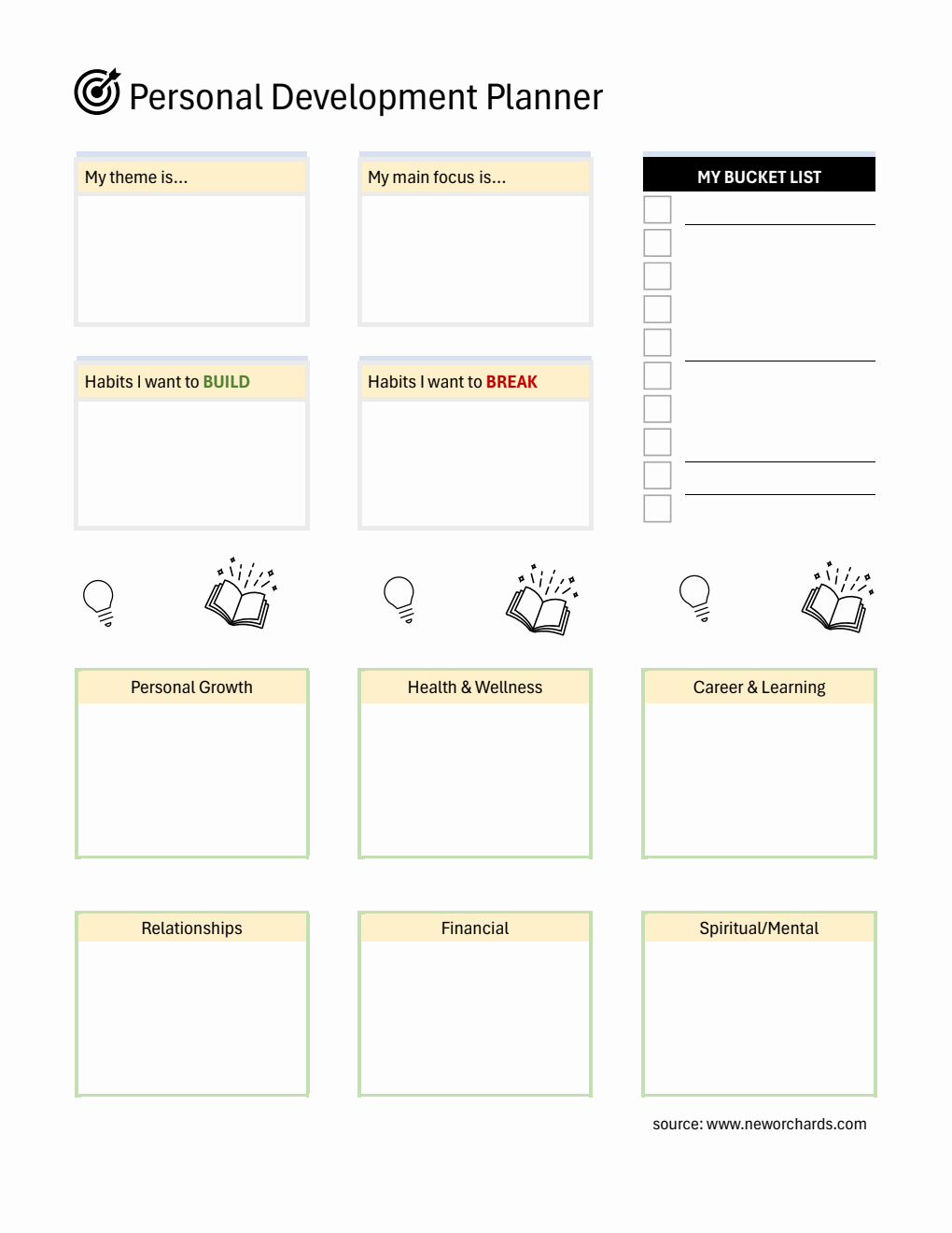 Printable Personal Development Planner with Bucket List (PDF)
