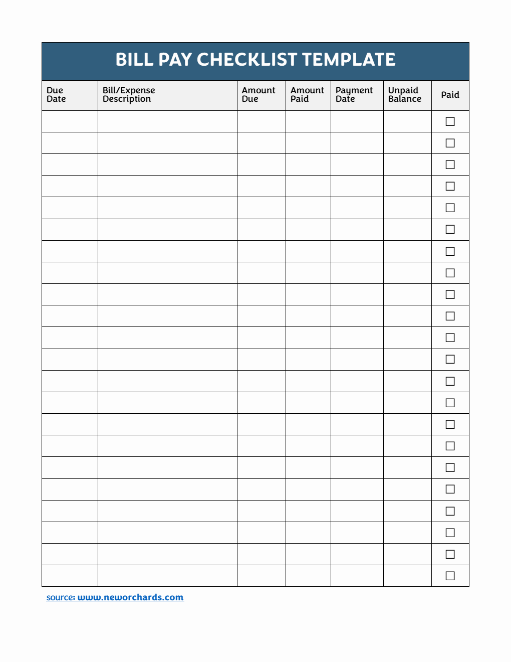 Printable Bill Pay Checklist Template PDF