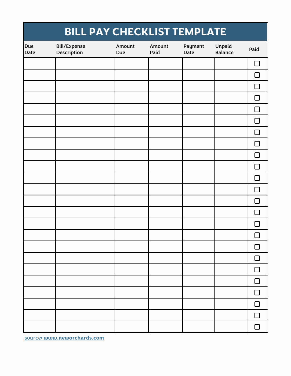 Printable Bill Pay Checklist Template Excel