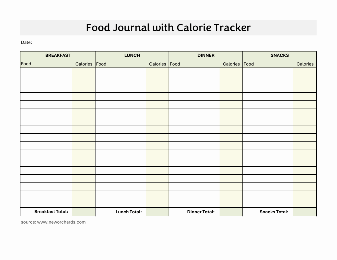 Food Journal Template Excel (Colored)