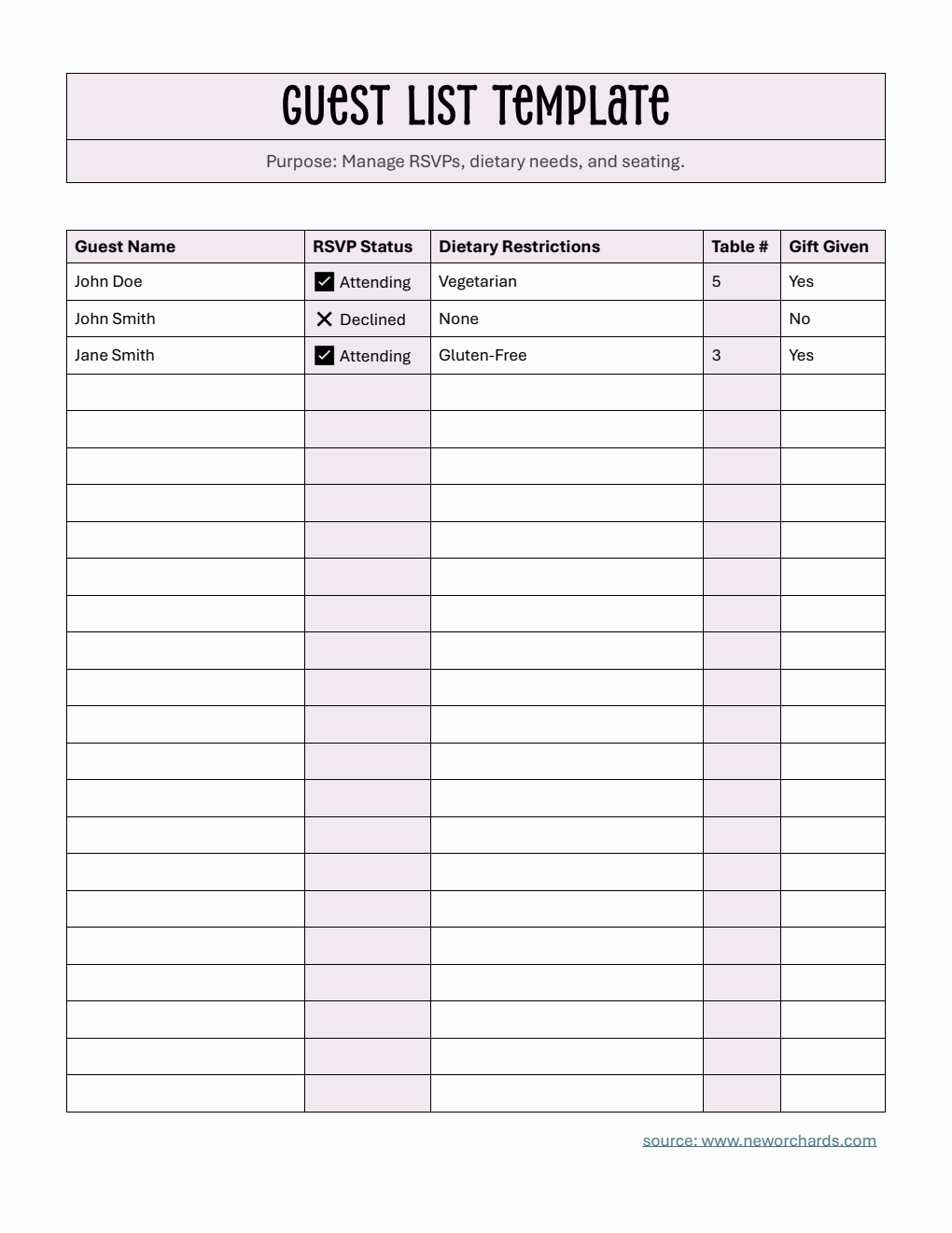 Basic Guest List Template Word (with Dietary Restrictions)