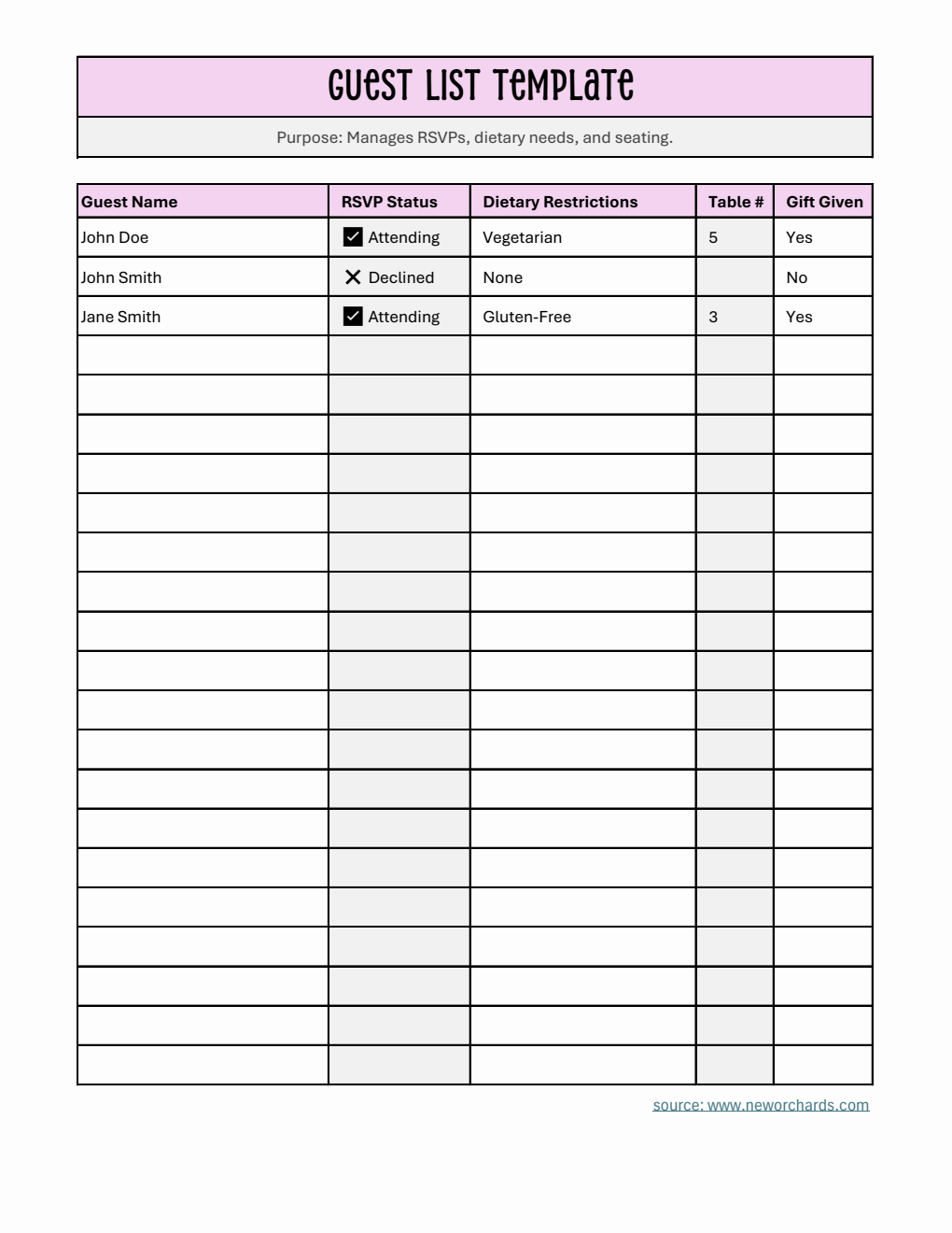 Basic Guest List Template Excel (with Dietary Restrictions)