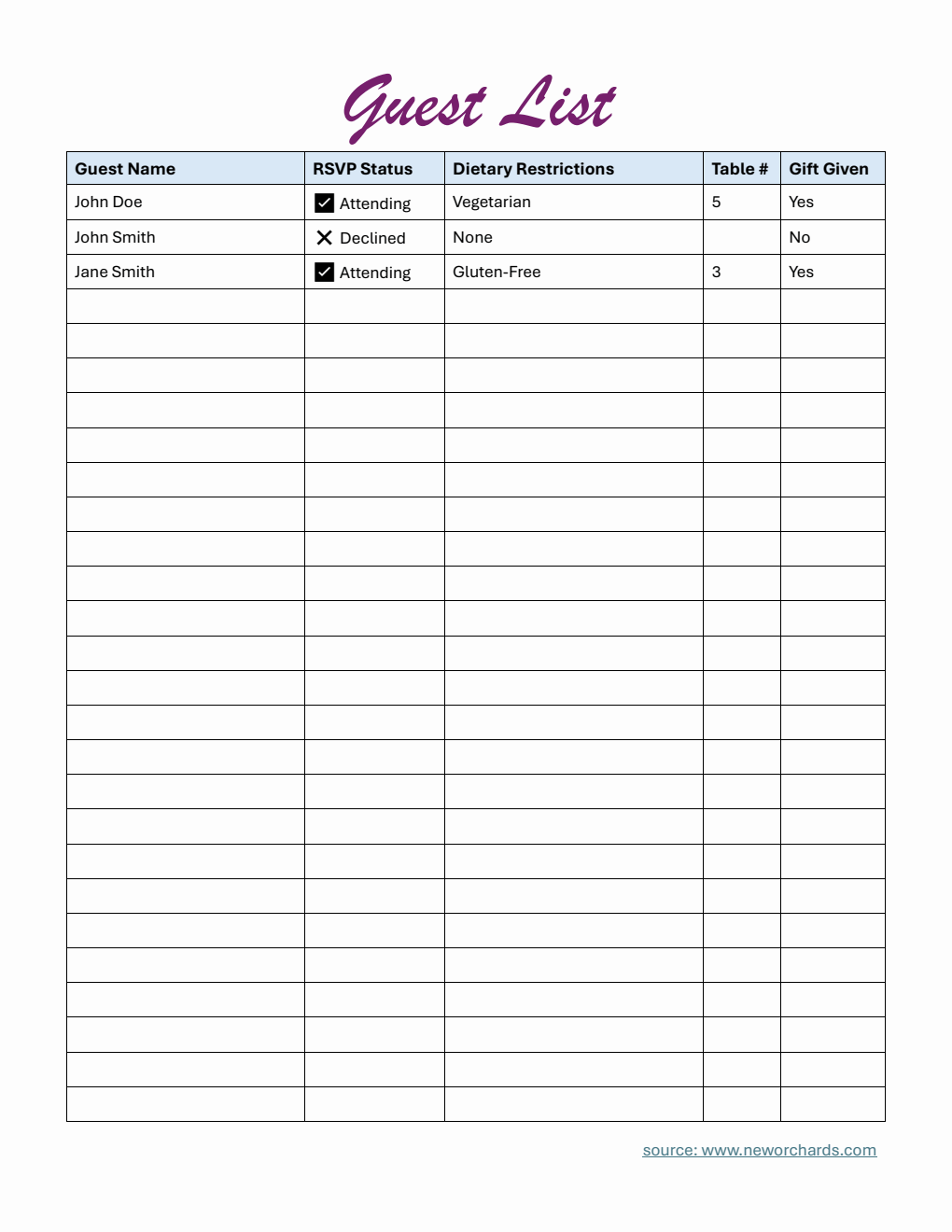 Simple Guest List Template Word (with Dietary Restrictions)