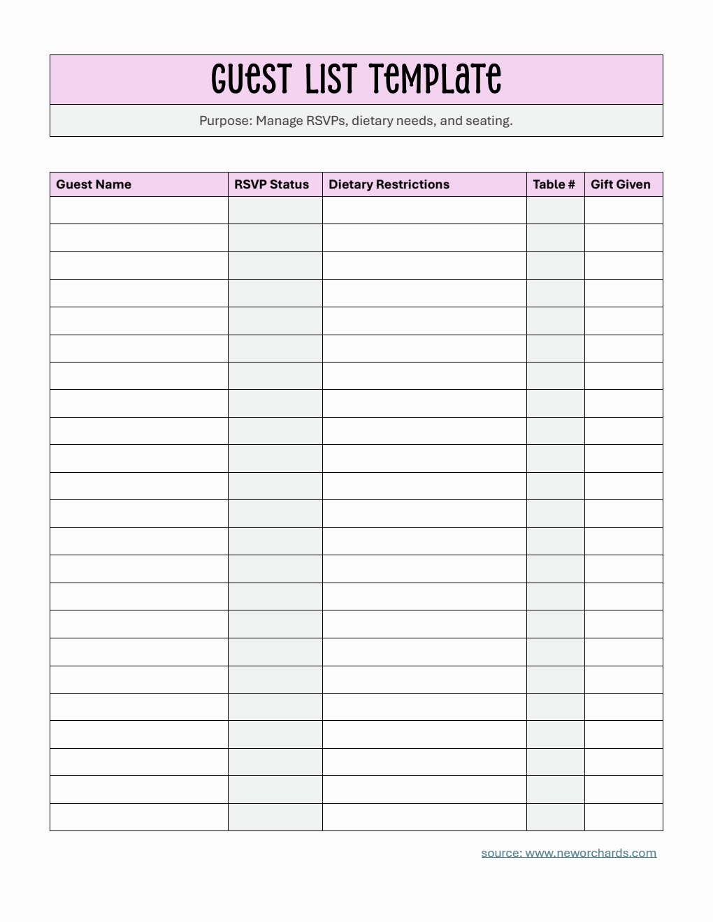 Basic Guest List Template PDF (with Dietary Restrictions)