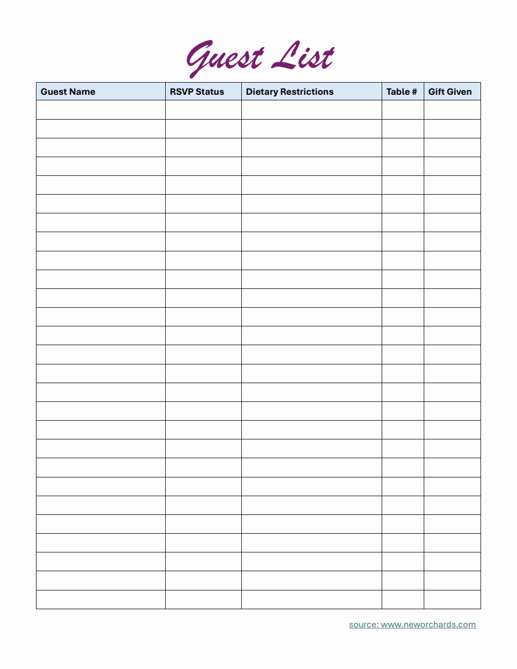 Simple Guest List Template PDF (with Dietary Restrictions)