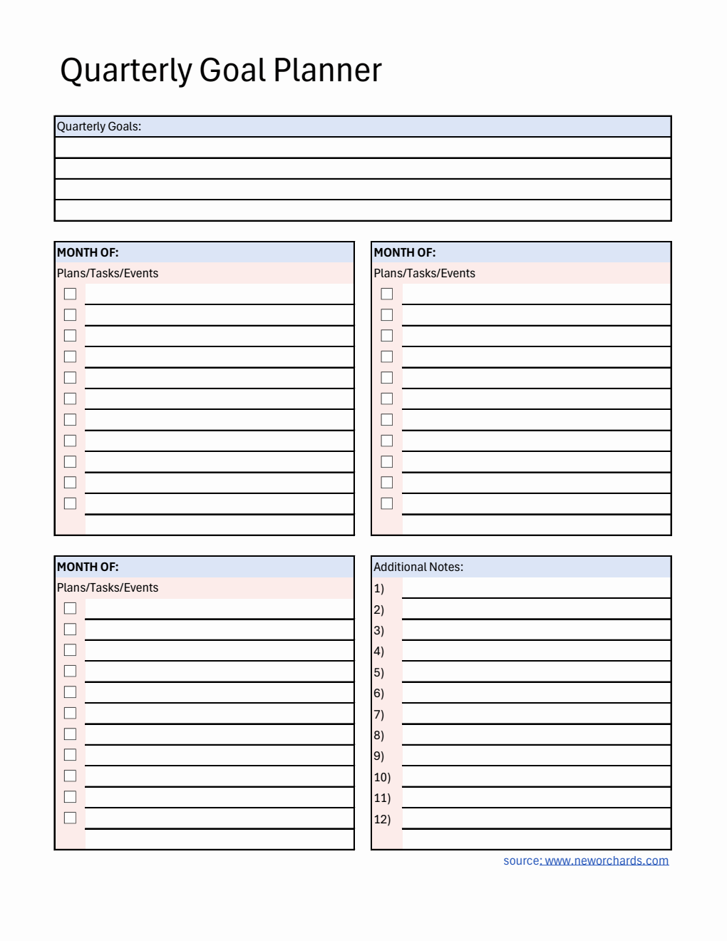 Free Editable Quarterly Goal Planner in Excel Format