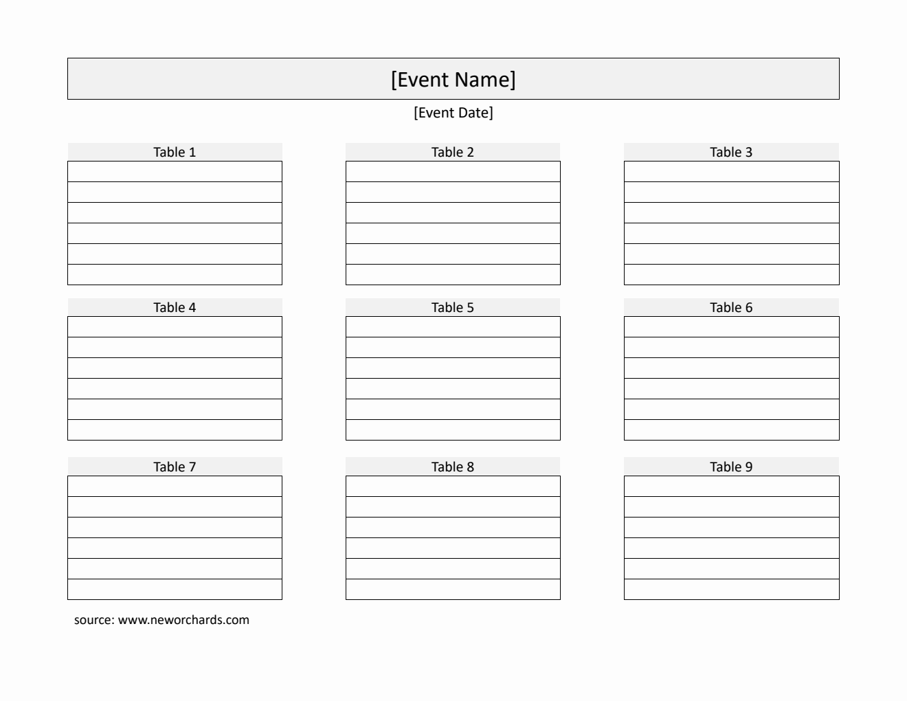 Free Landscape Seating Chart Template in Word