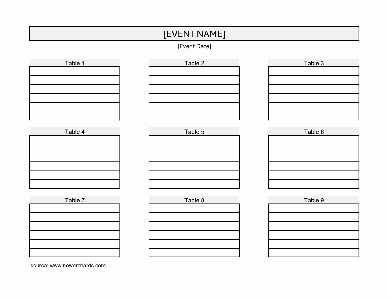 Free Landscape Seating Chart Template in Excel