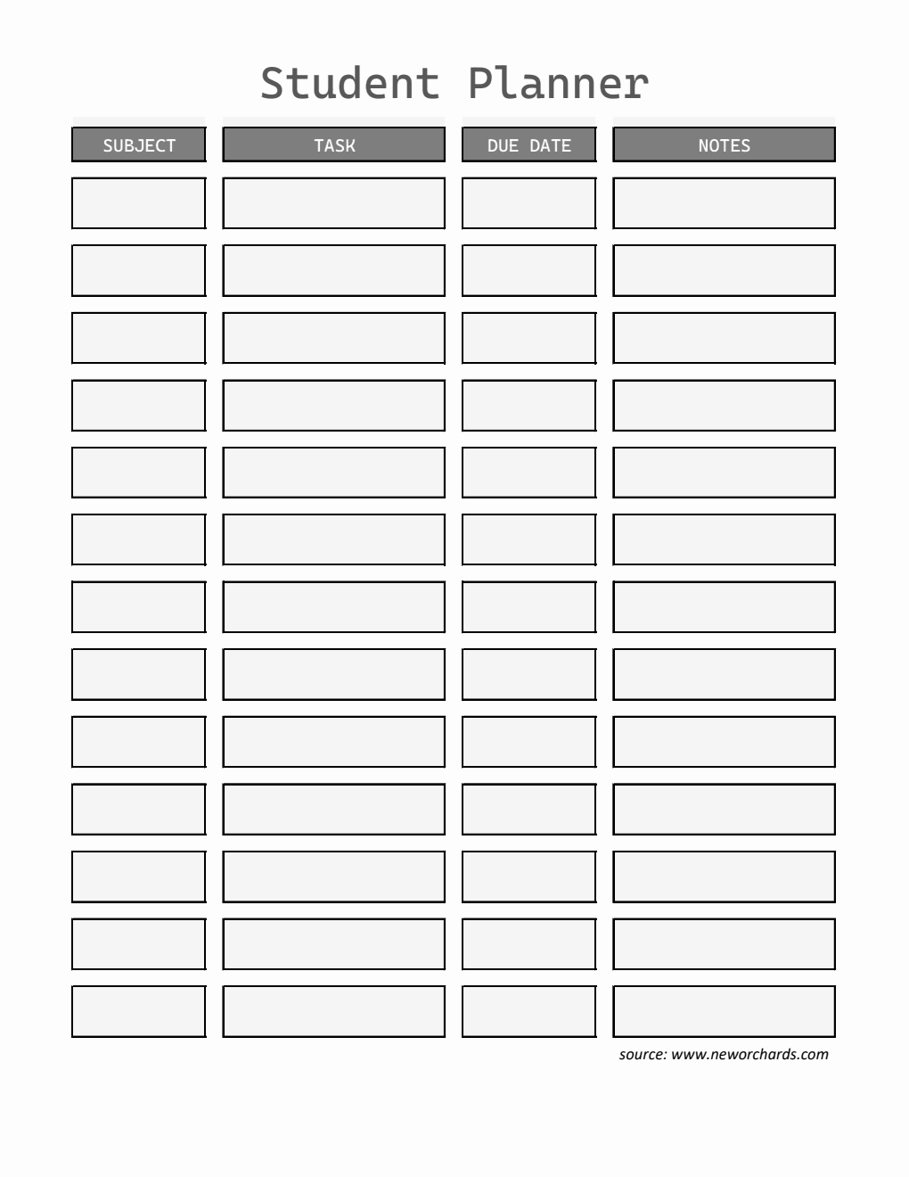 Student Planner Template - Free Excel Download (Grey)