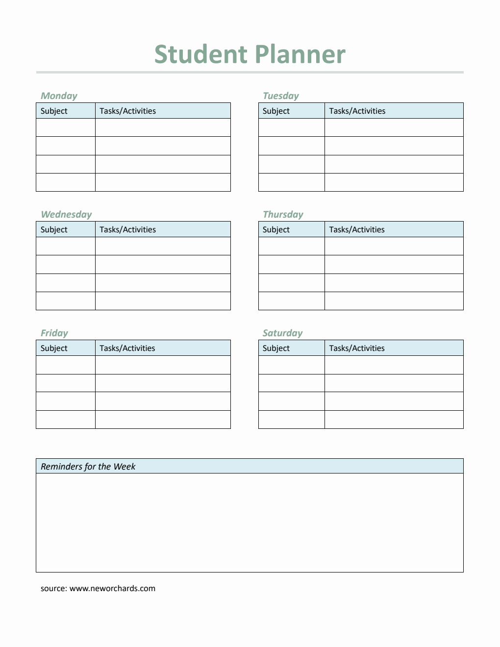 Free Student Planner Template  in PDF Format (Basic)