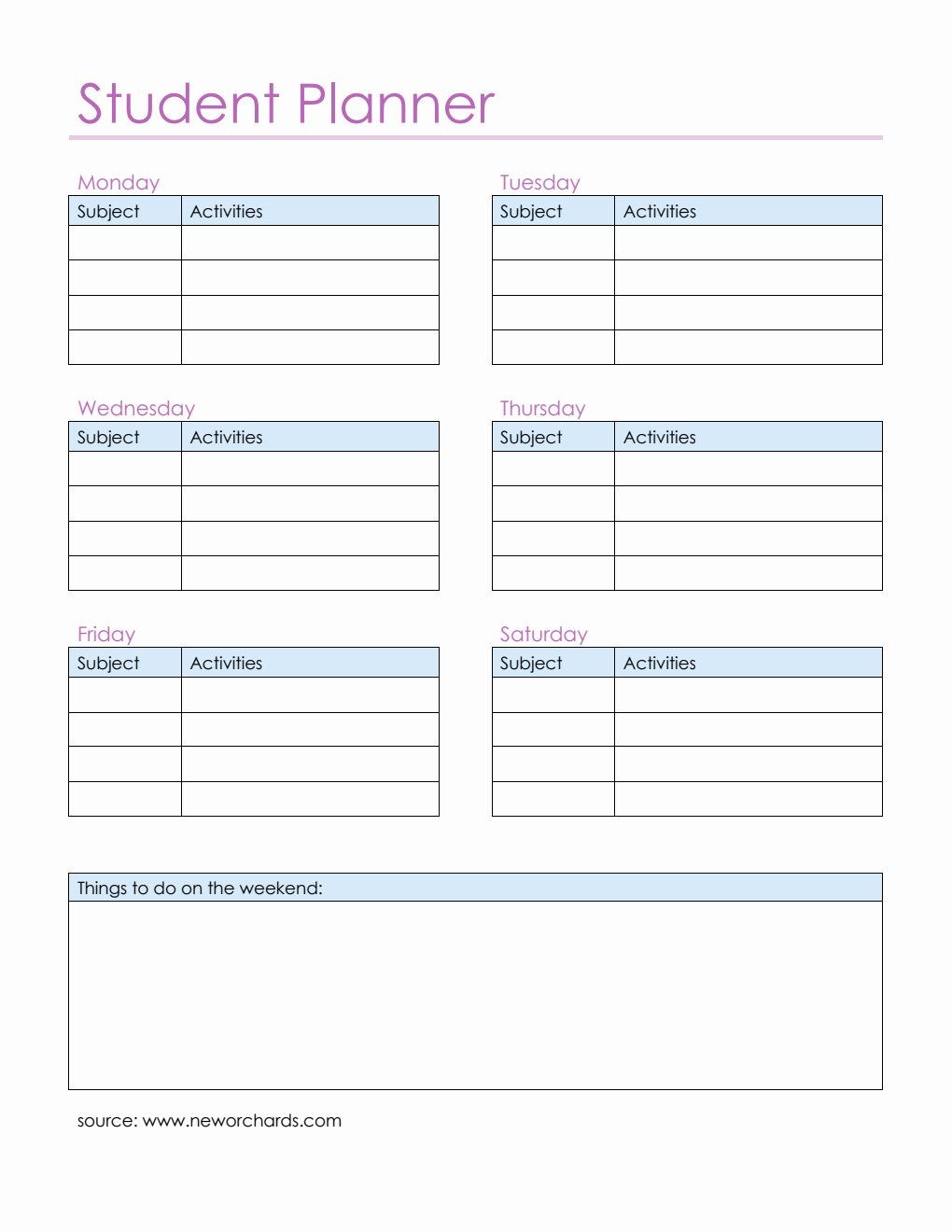 Free Student Planner Template  in PDF Format (Fillable)