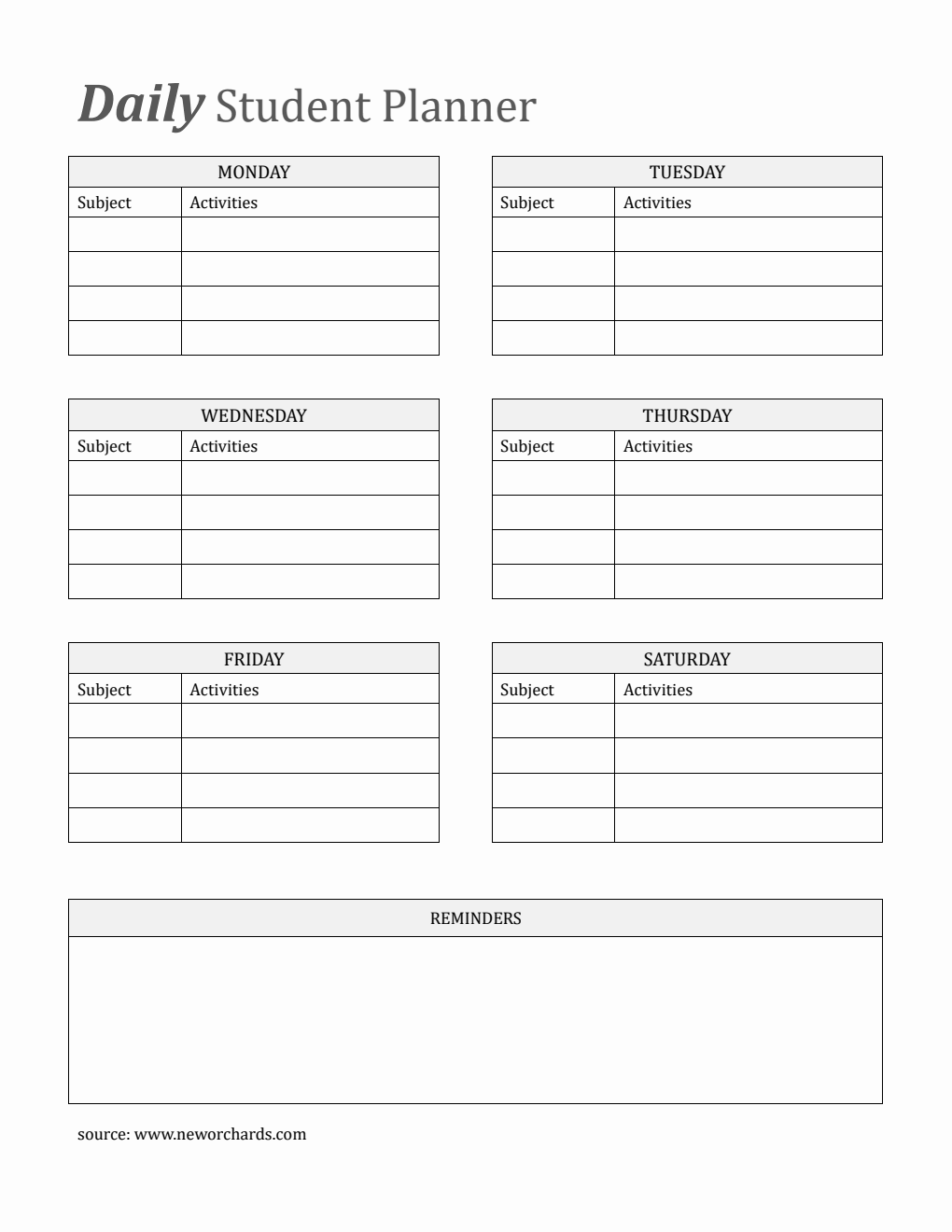 Free Student Planner Template  in PDF Format (Printable)