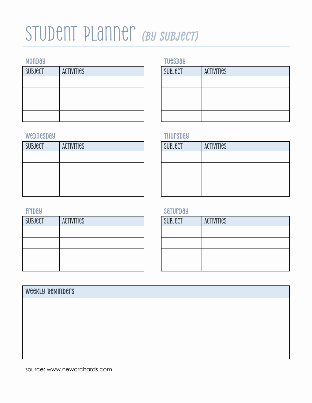 Free Student Planner Template  in Word Format (Downloadable)