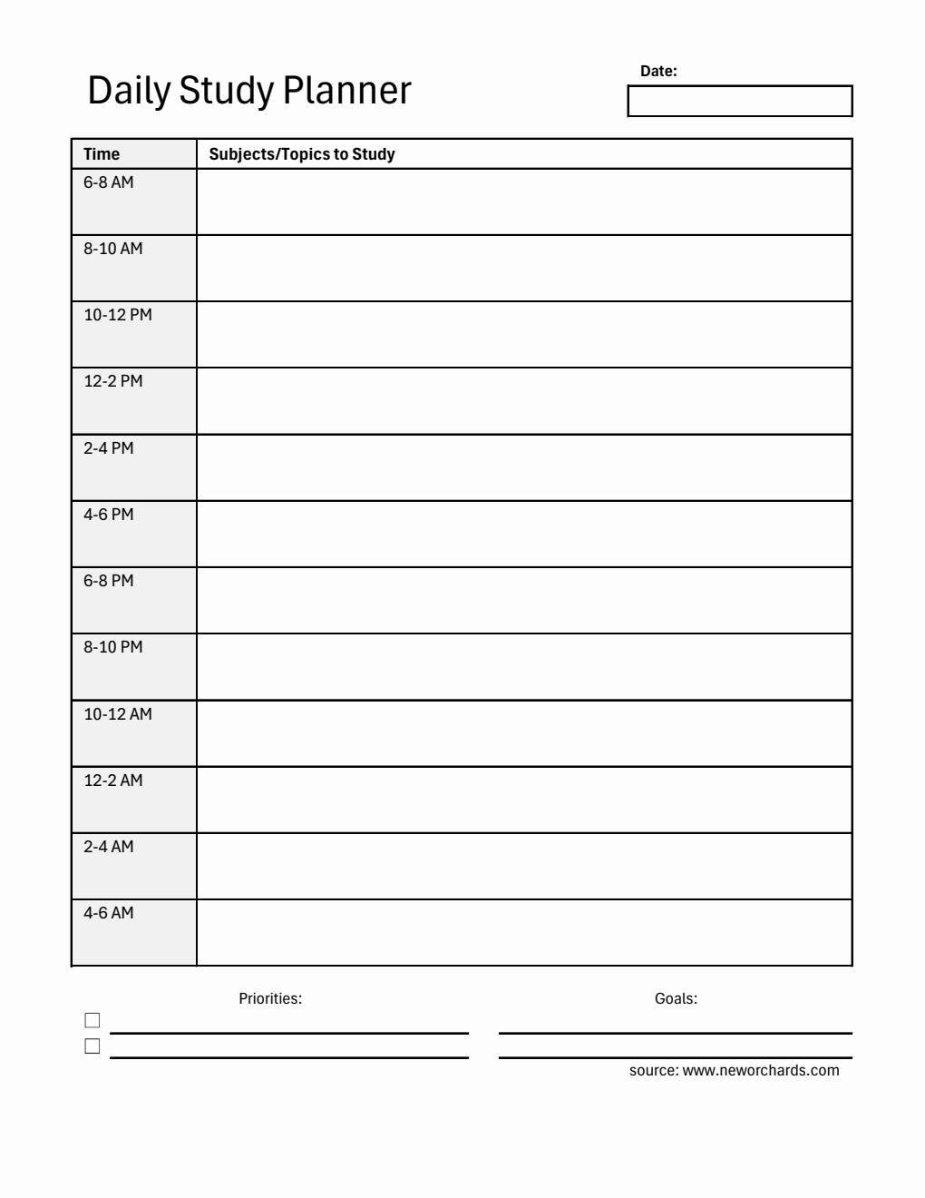 Free Blank Study Planner in Excel