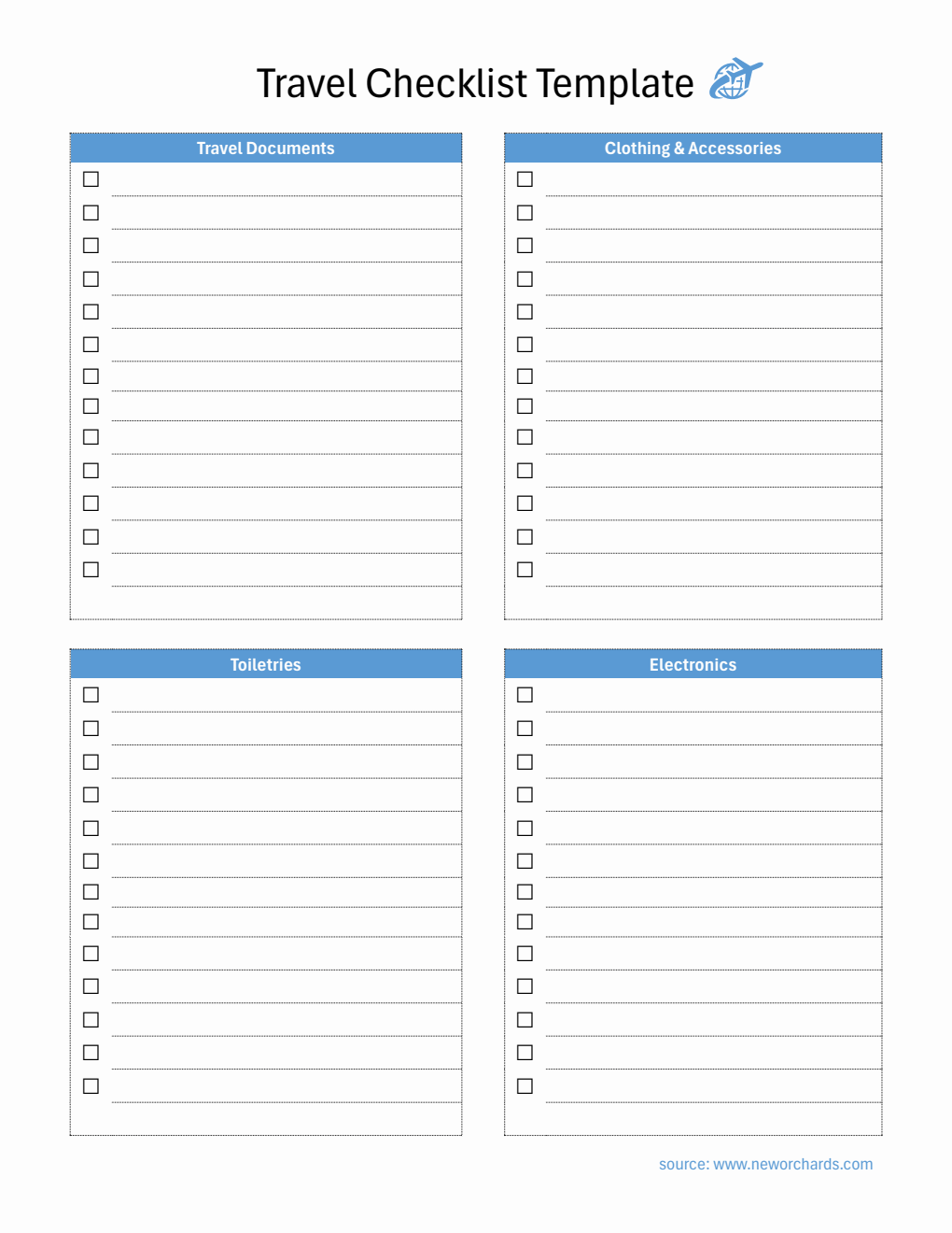 Travel Checklist Template Customizable in PDF