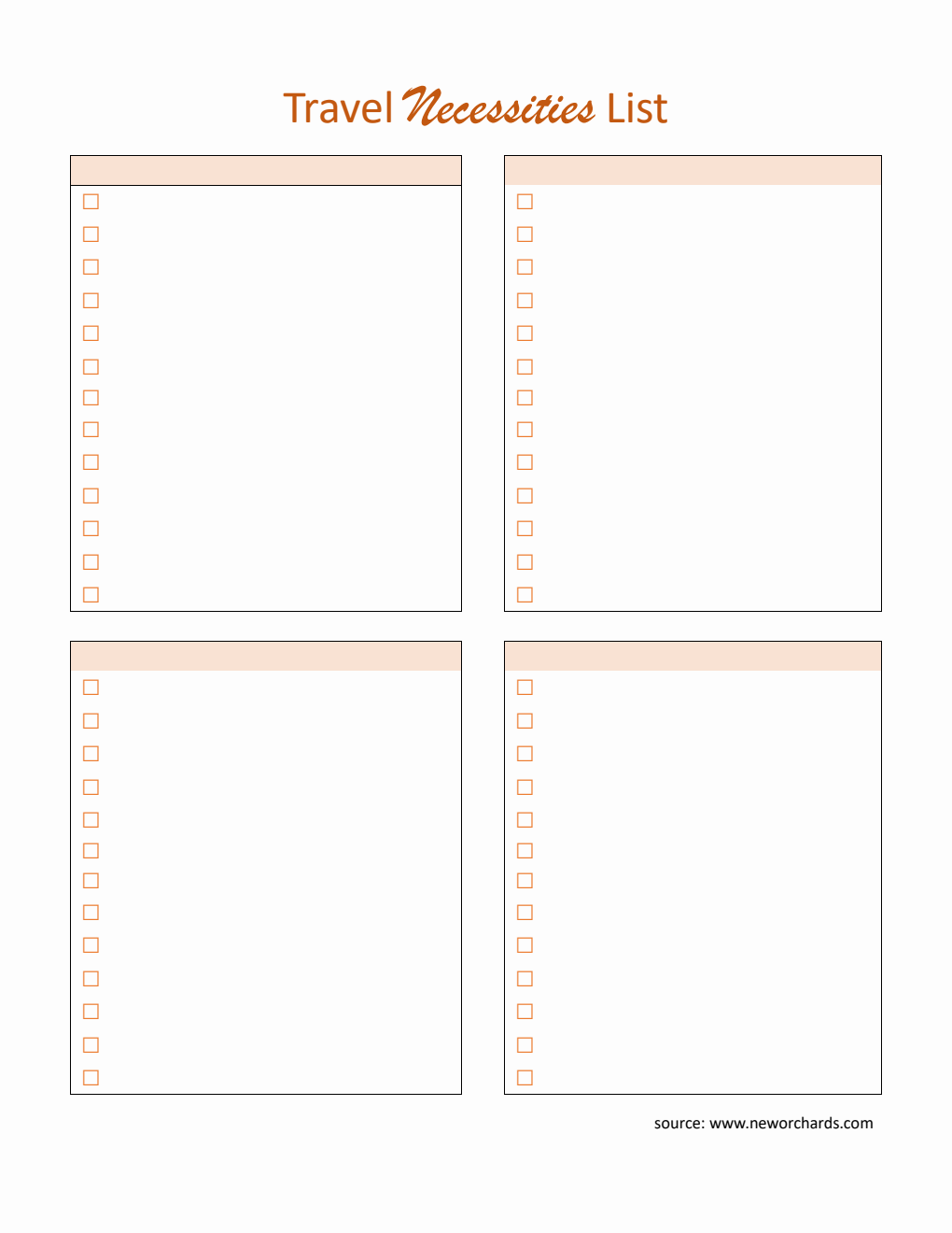 Printable Travel Essentials List Template - Word Format