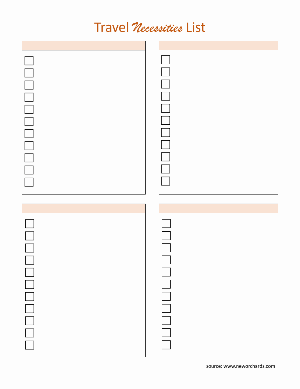 Printable Travel Essentials List Template - PDF Format