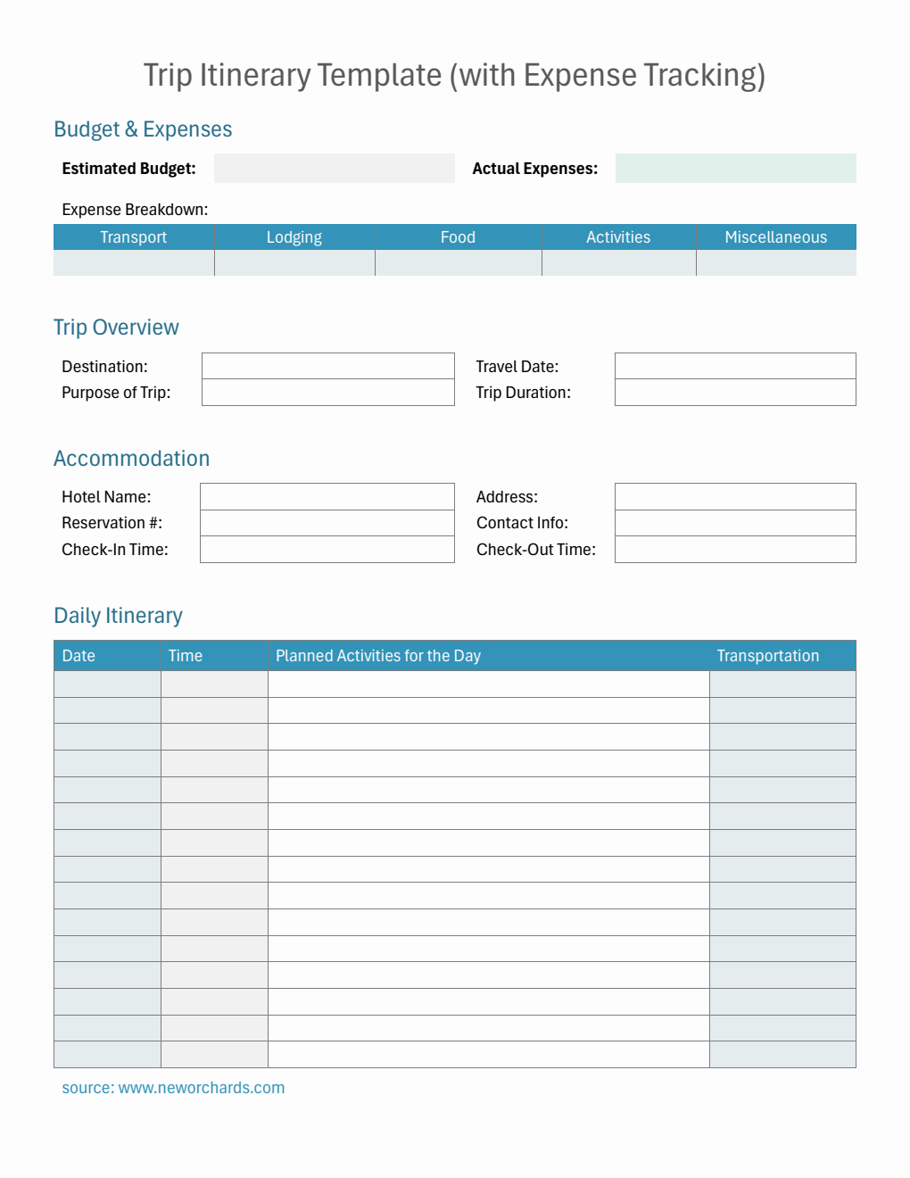 Downloadable Comprehensive Trip Itinerary Template for Organized Travel Planning (Word)