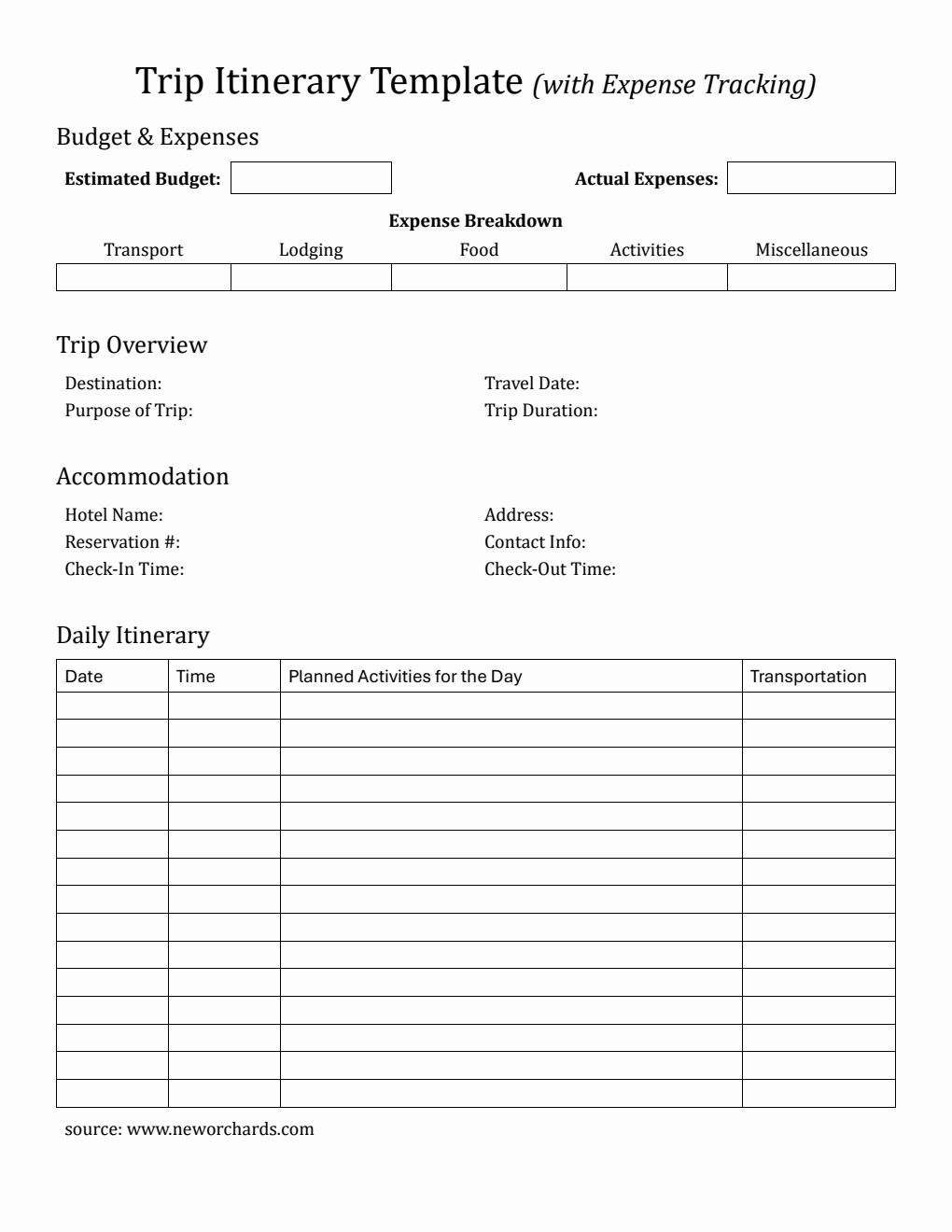 Printable Comprehensive Trip Itinerary Template for Organized Travel Planning (Word)