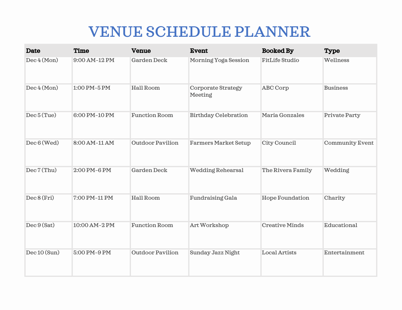 Venue Schedule Template - Free to Customize in Excel
