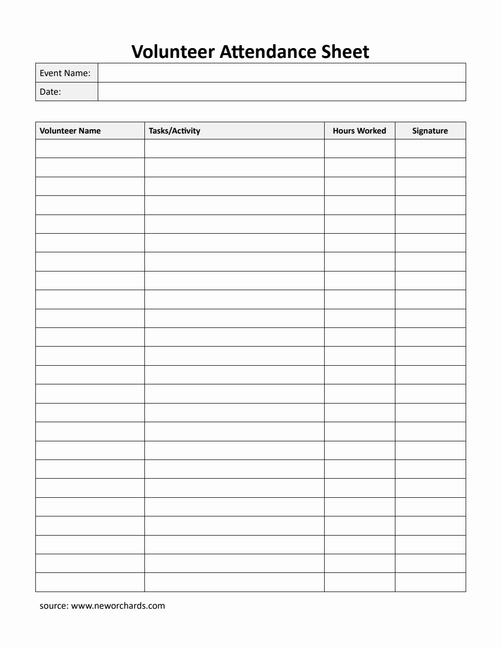 Printable Volunteer Attendance Sheet in Word