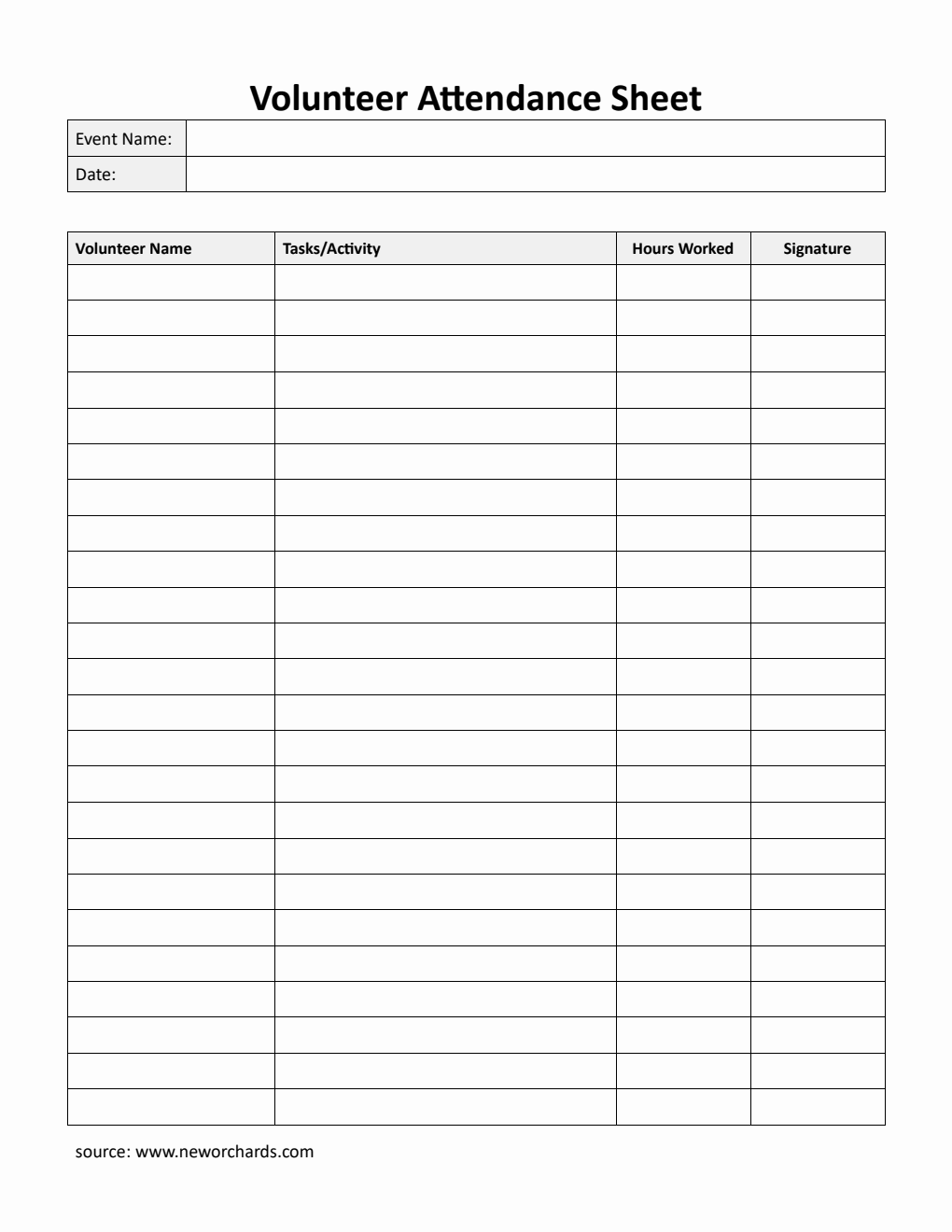 Printable Volunteer Attendance Sheet in PDF