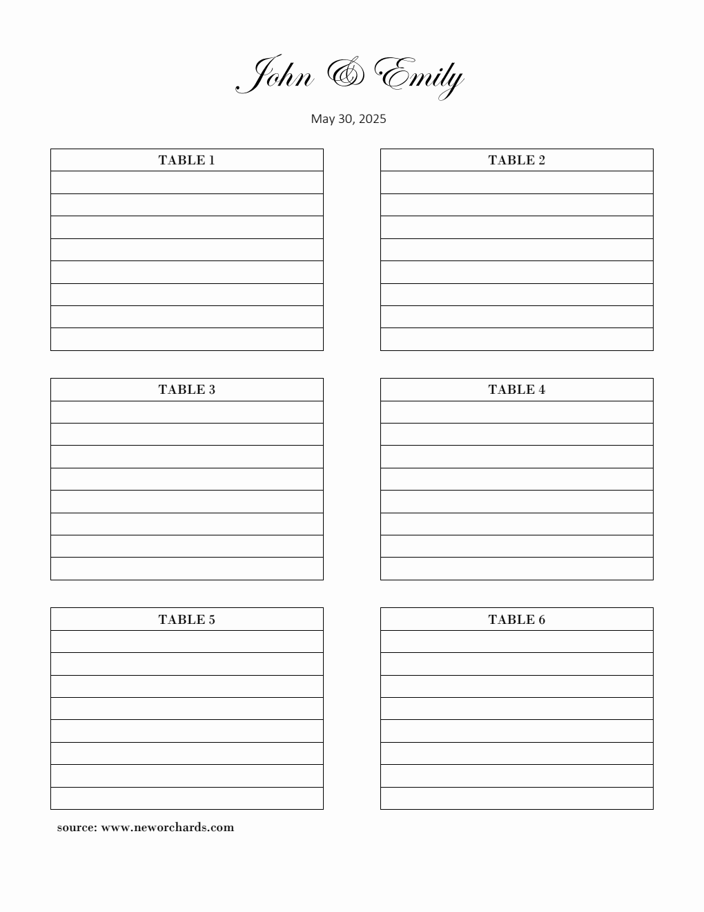 Wedding Seating Plan in PDF (6 Tables)