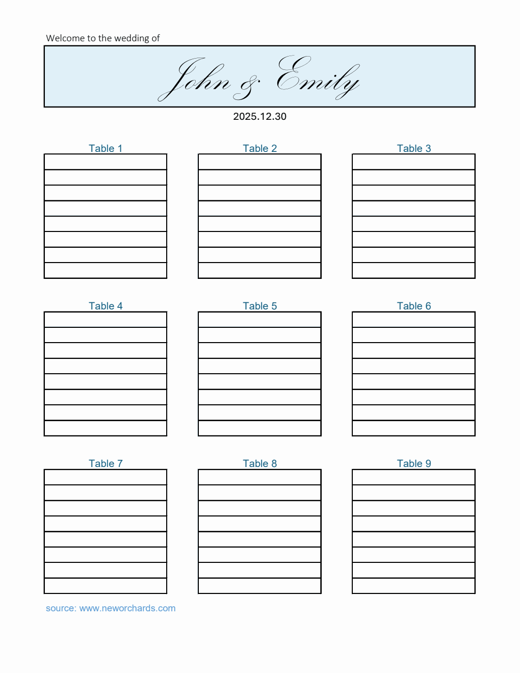 Basic Wedding Seating Chart Template | Free Excel Download