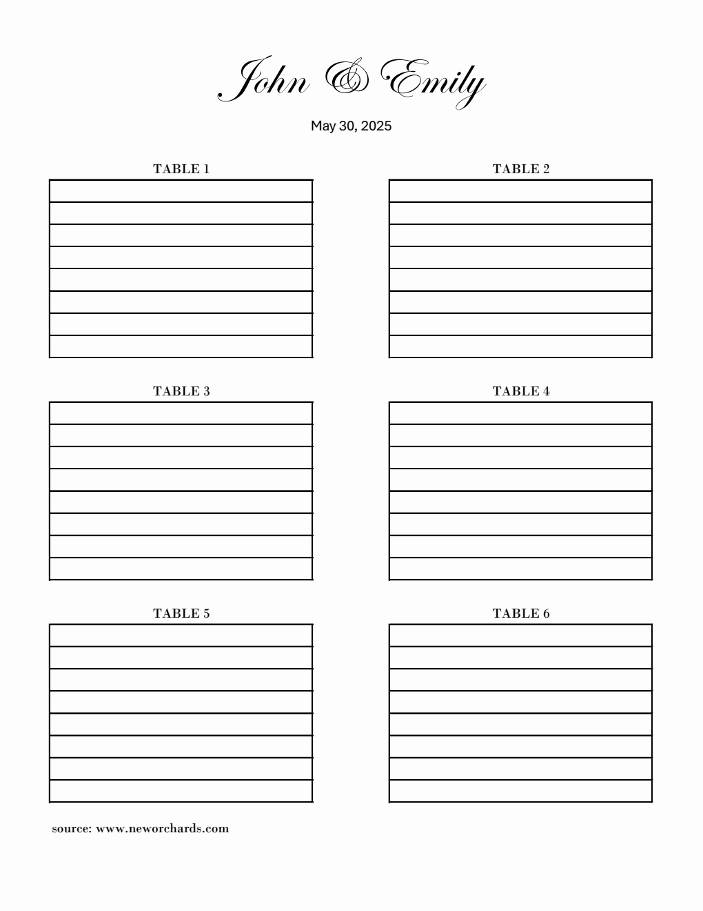 Wedding Seating Plan in Excel (6 Tables)