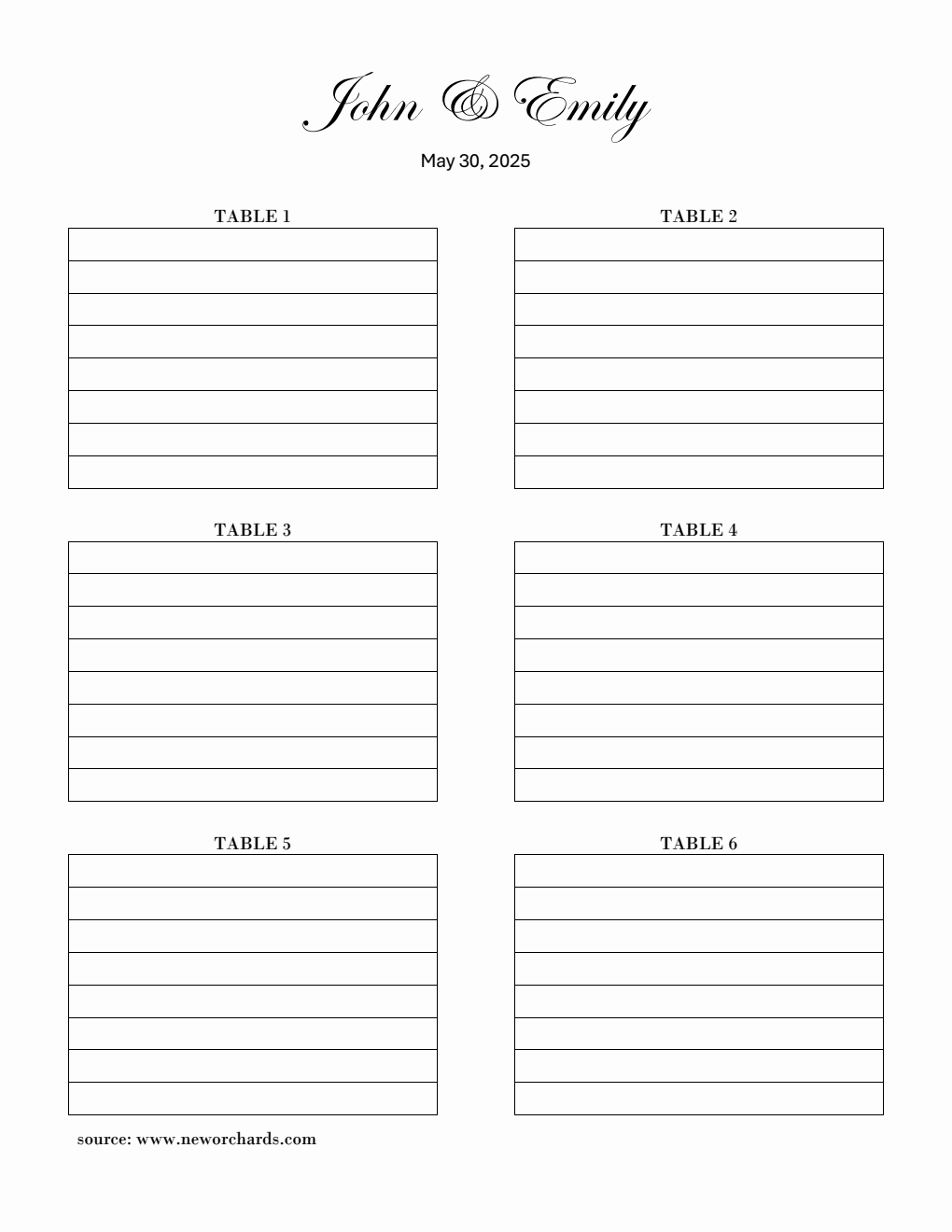 Wedding Seating Plan in Word (6 Tables)