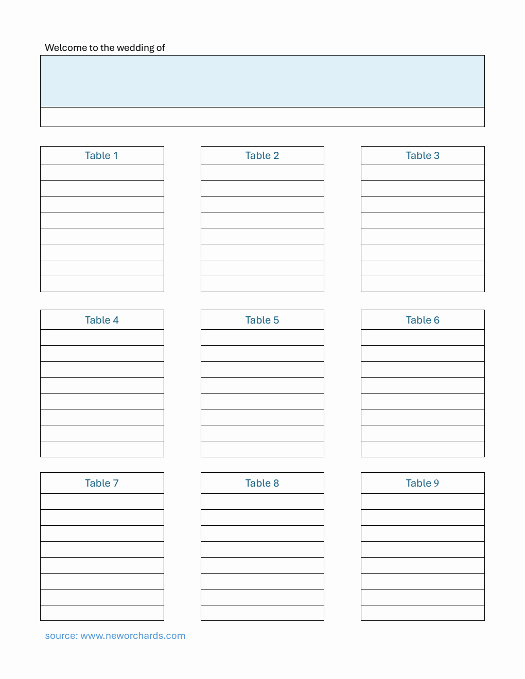 Basic Wedding Seating Chart Template | Free PDF Download