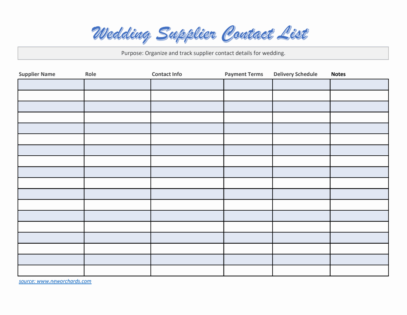 Wedding Supplier Contact List Template (Excel)