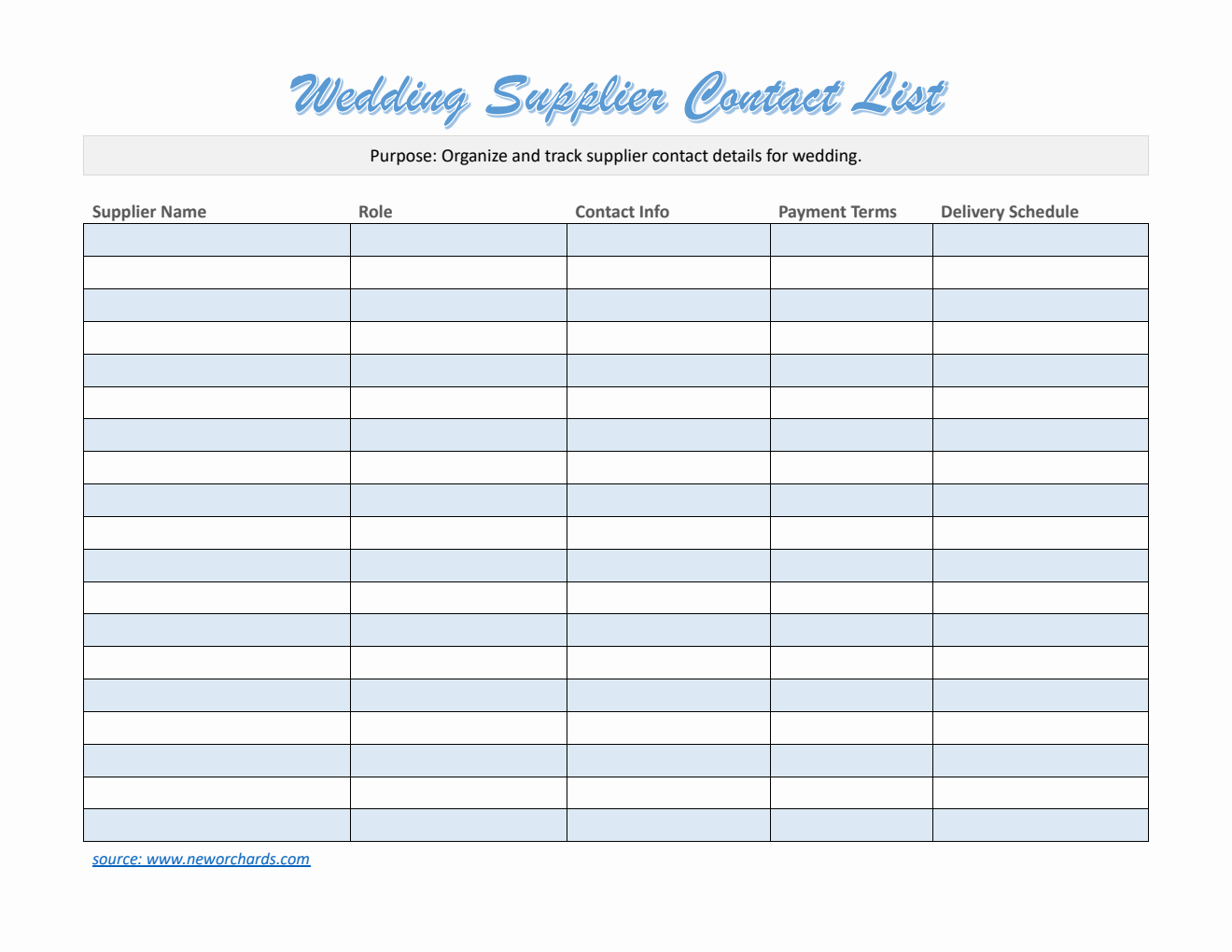 Wedding Supplier Contact List Template (Word)