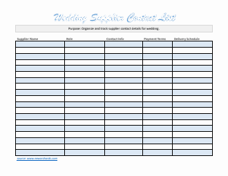 Wedding Supplier Contact List Template (Word)