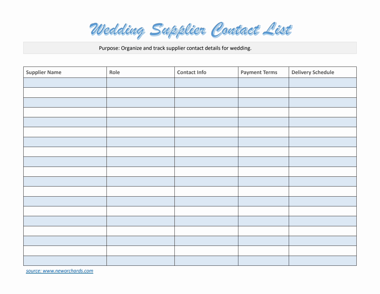 Wedding Supplier Contact List Template (PDF)