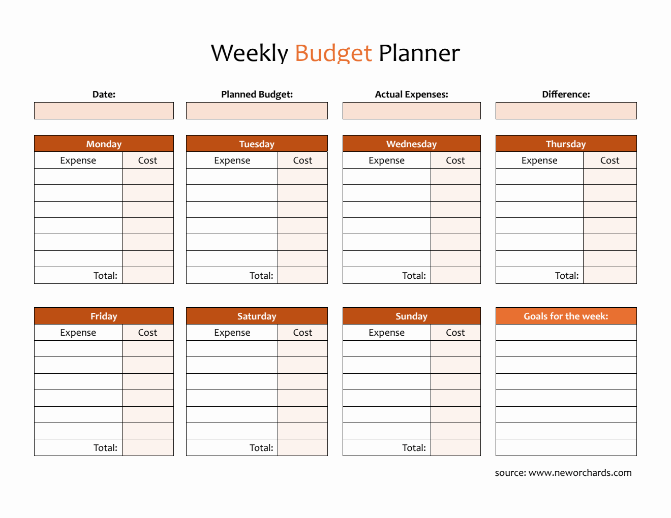 Free Blank Weekly Budget Planner in PDF