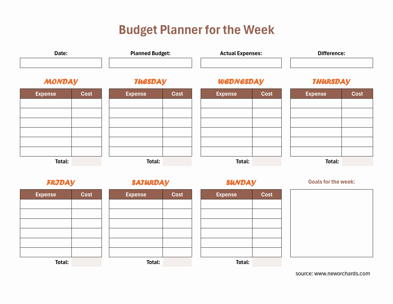 Free Downloadable Weekly Budget Planner in PDF