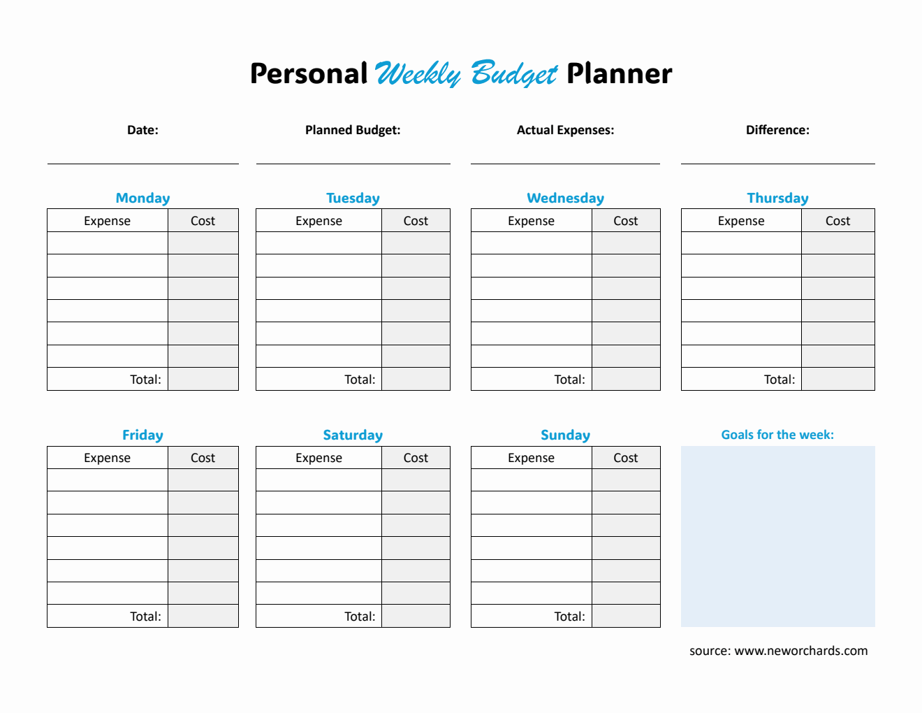 Free  Weekly Budget Planner in PDF
