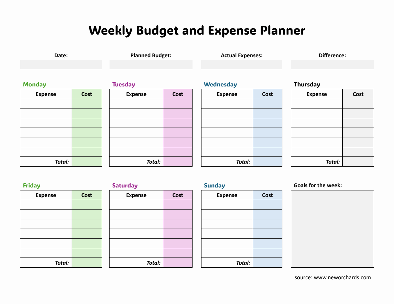Free Highlighted Weekly Budget Planner in PDF