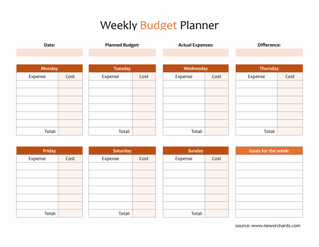 Free Blank Weekly Budget Planner in Word