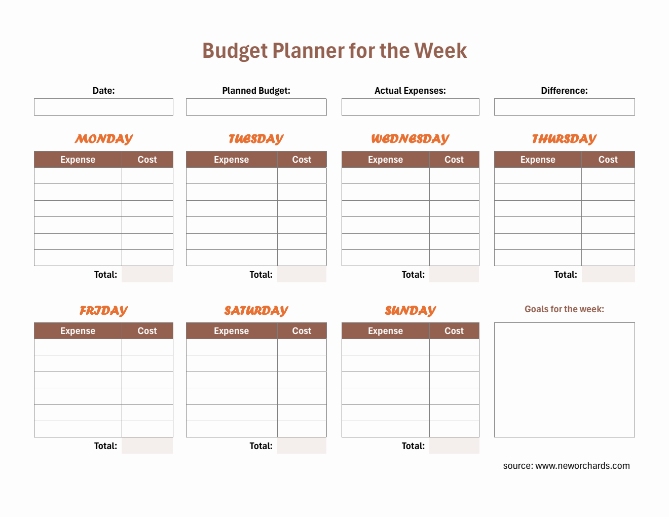 Free Downloadable Weekly Budget Planner in Word