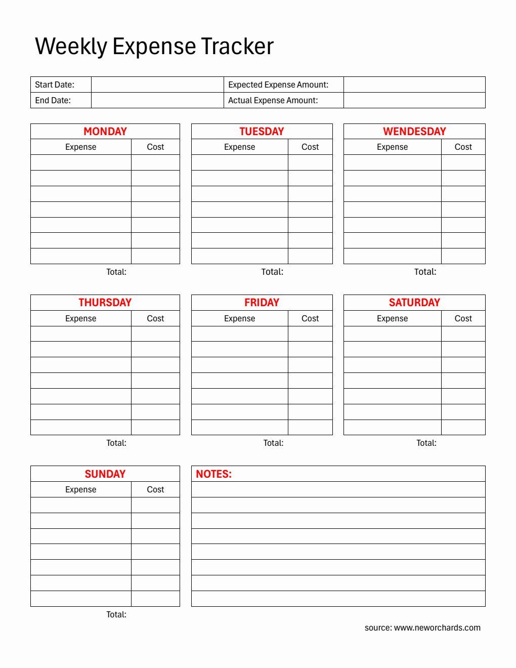 Free  Weekly Expense Tracker in PDF