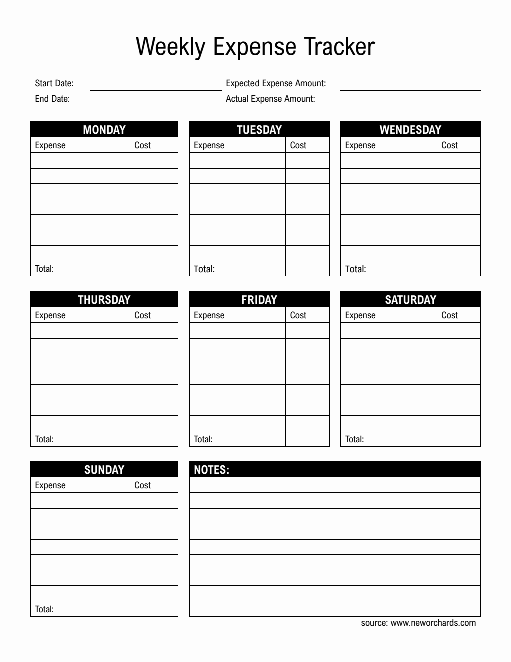 Free Editable Weekly Expense Tracker in Word